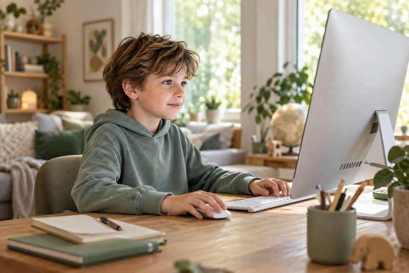 Kind kijkt op comfortabele afstand naar een computerscherm aan een bureau.